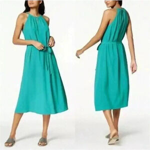Eileen Fisher Tencel Crepe Belted Halter Maxi Dress Turquoise Tencel Lyocell S
